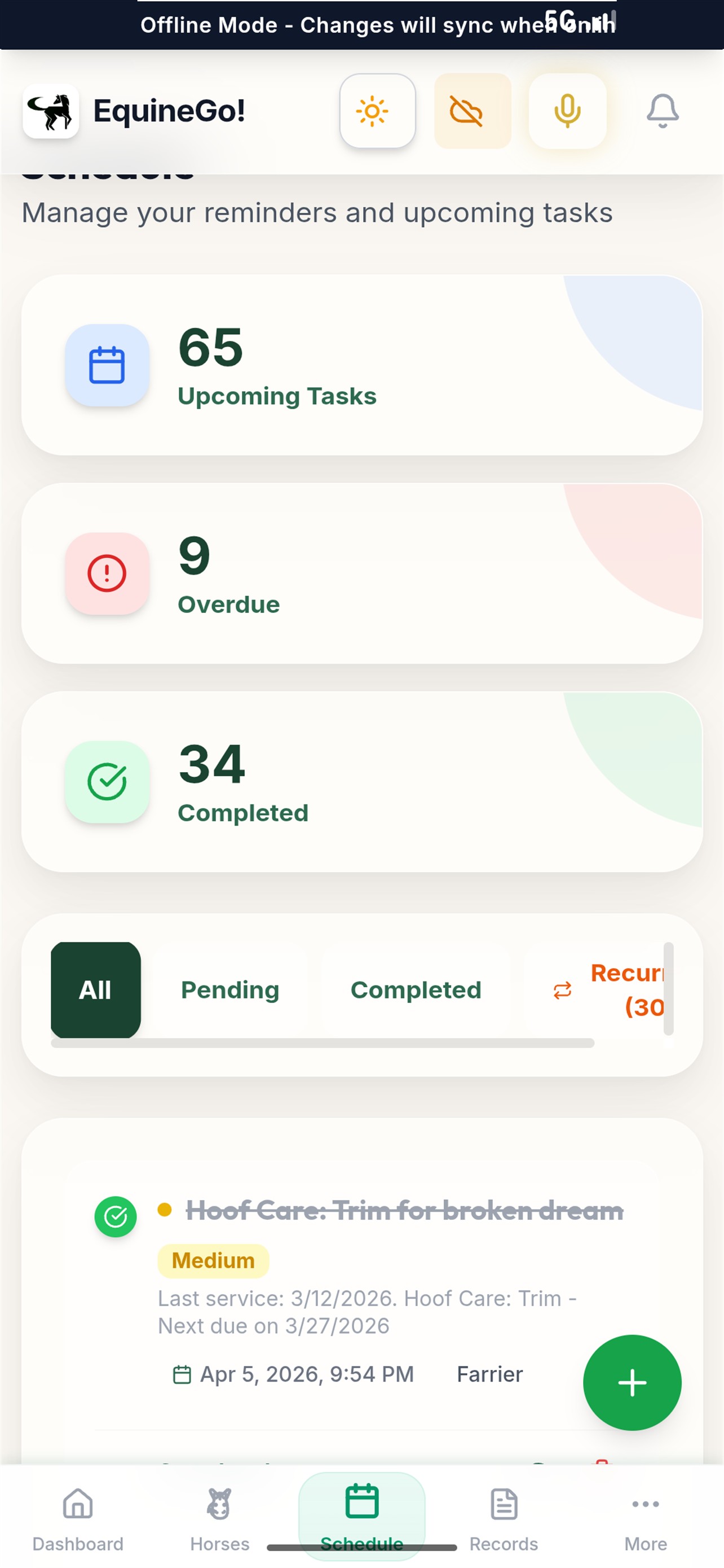 EquineGo iOS App Store Smart Schedule screen with farrier visits, vet checkups, and chore tasks