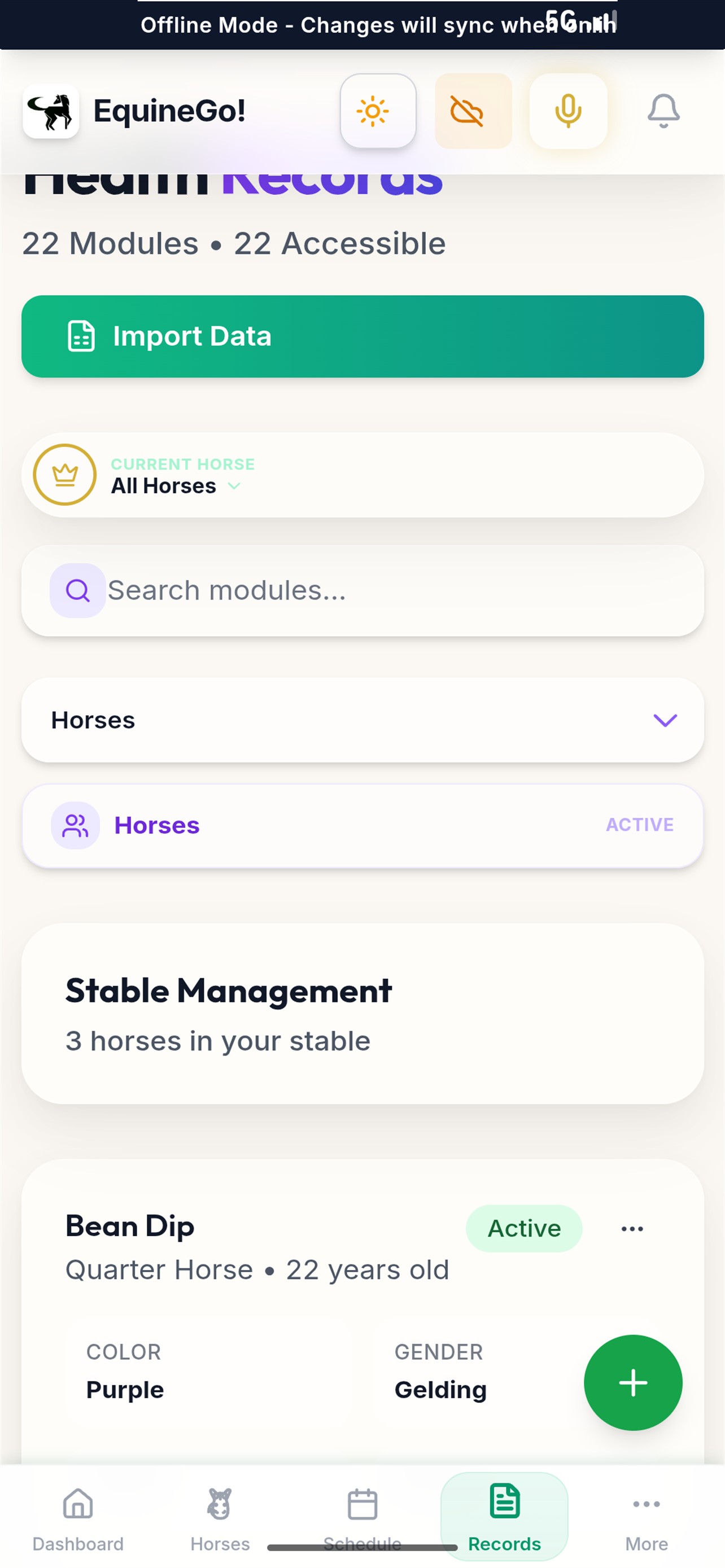 EquineGo iOS App Store Complete Health Records screen with medications, vaccinations, deworming, and therapy